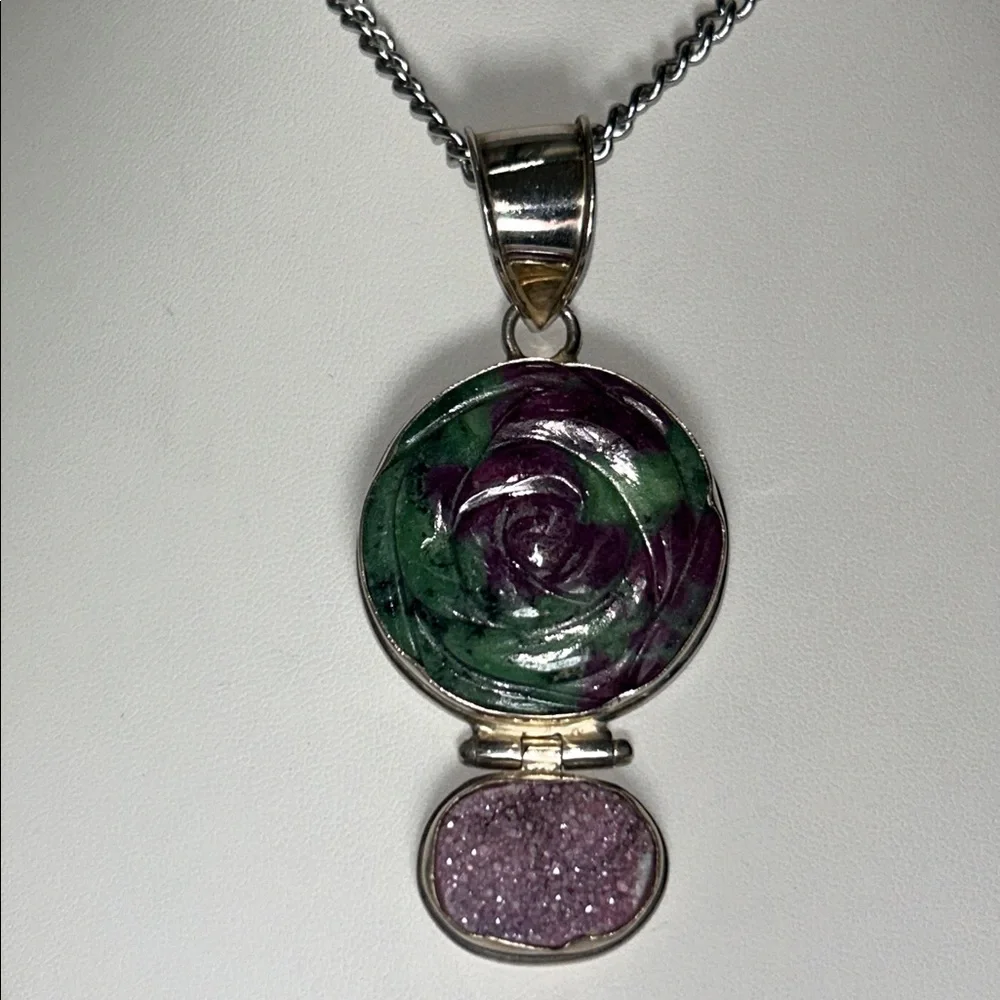 Artisan Made Vintage Sterling Silver Multi Gemstone Pendant Necklace